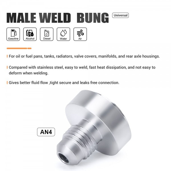 Aluminum AN4-AN Straight Male Weld Fitting Adapter Weld Bung Nitrous Hose Fitting Silver SL17-7204
