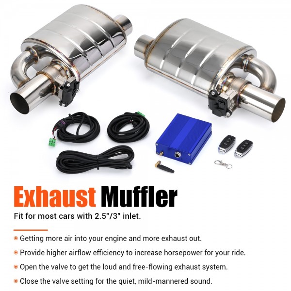 Stainless Steel 2.5 3 Slant Outlet Tip Inlet Variable  Exhaust Muffler With Vacuum Exhaust Cutout Electric Control Valve Kit