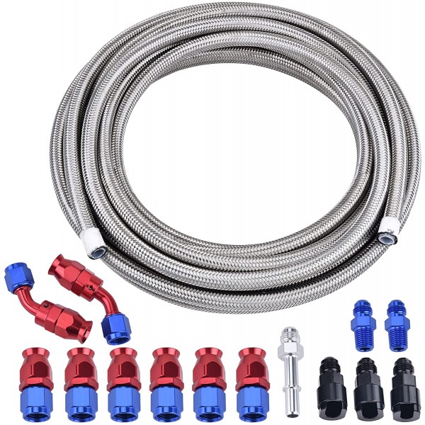6AN 3/8" PTFE LS Swap EFI Fuel Line Fitting Kit, E85 Stainless Steel Braided Fuel Hose 25FT