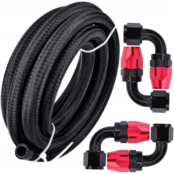 10FT 10AN 5/8'' Nylon Stainless Steel Braided CPE Fuel Line Bundle with 10AN 90 Degree Swivel Hose End Fitting Black&Red