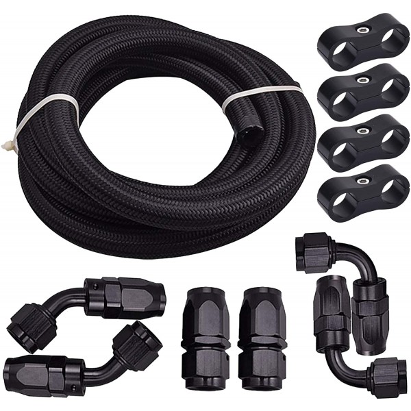 10FT 6AN 3/8'' Nylon Braided CPE Fuel Line Fitting Kit Bundle with 6AN Fuel Hose Separator Clamp