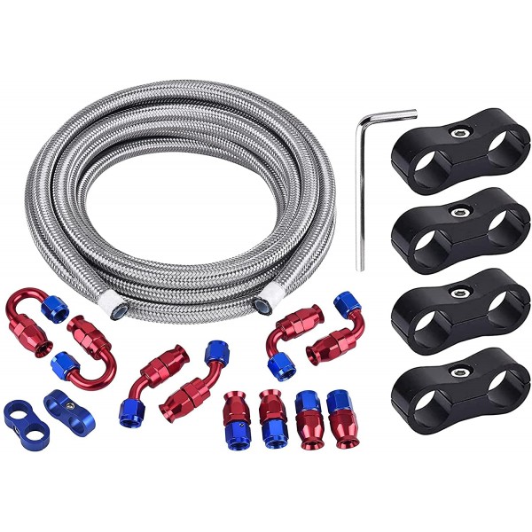 6AN 3/8" PTFE E85 Fuel Injection Hose Line Steel Braided 20FT, Bundle with 6AN Fuel Hose Separator Clamp