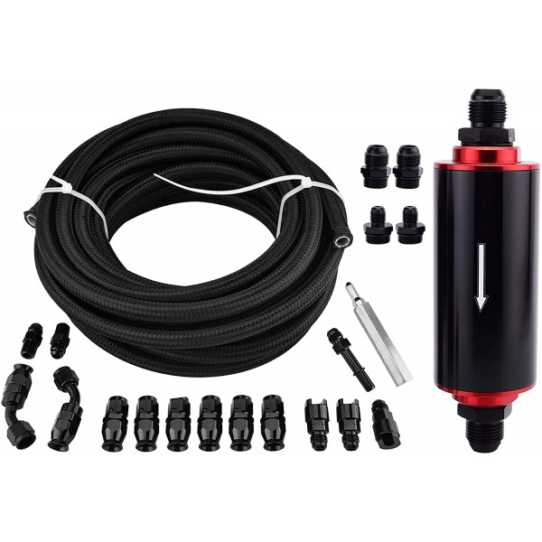 6AN 3/8'' PTFE EFI LS Fuel Injection line Fitting Kit 25FT Bundle with Inline Fuel Filter 100 Micron Universal 50MM