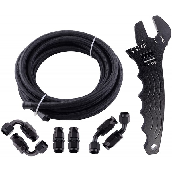 6AN 3/8" PTFE E85 Hose Braided Fuel Injection Line Fitting Kit 10FT Bundle with AN 3-12 Adjustable Wrench Spanner Fitting Tools
