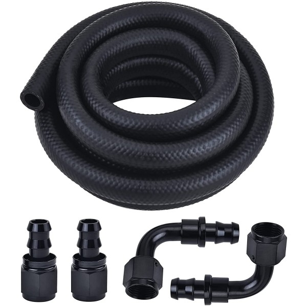 3/8 Inch ID NBR Fuel Line Hose 10 Ft Bundle with 6AN Straight 90 Degree Push Lock Hose Fitting End