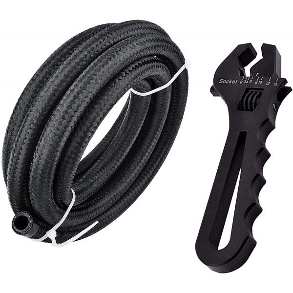 10FT 10AN Nylon Stainless Steel Braided Fuel line Bundle with Adjustable 3AN-16AN Wrench Black