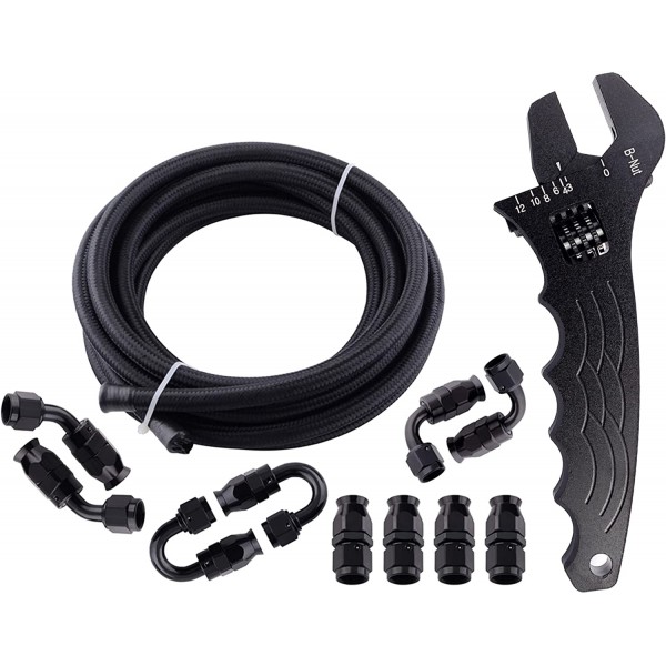 8AN 1/2" PTFE E85 Hose Braided Fuel Injection Line Fitting Kit 16FT Nylon Stainless Steel Black Bundle with AN 3-12 Wrench Spanner Fitting Tools Adjustable