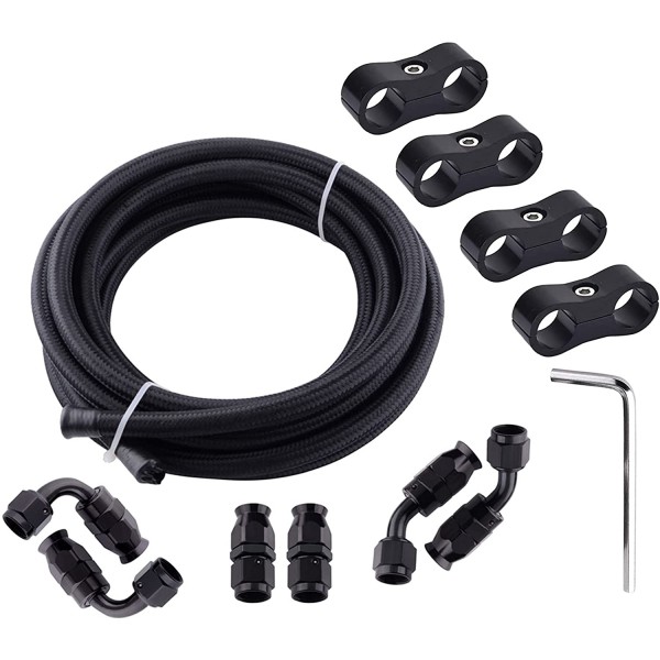 6AN 3/8" PTFE E85 Hose Braided Fuel Injection Line Fitting Kit 10FT Bundle with 6AN Fuel Hose Separator Clamp