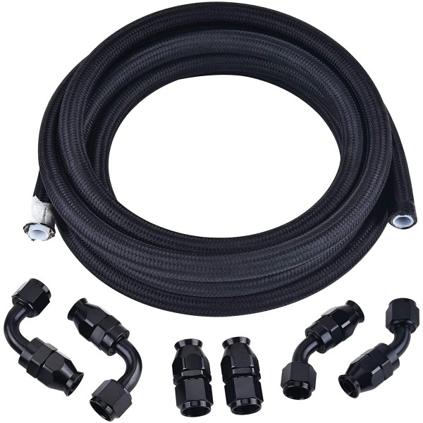 EVIL ENERGY 6AN 3/8 PTFE E85 Hose Braided Fuel Injection Line Fitting Kit 16FT Nylon Stainless Steel Black Bundle with 6AN Fuel Hose Separator Clamp 