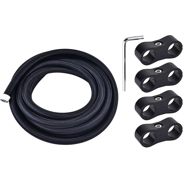 6AN PTFE E85 Fuel Injection Hose Line Steel Braided 25FT, Bundle with 6AN Fuel Hose Separator Clamp