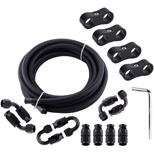 6AN 3/8" PTFE E85 Hose Braided Fuel Injection Line Fitting Kit 16FT Nylon Stainless Steel Black Bundle with 6AN Fuel Hose Separator Clamp