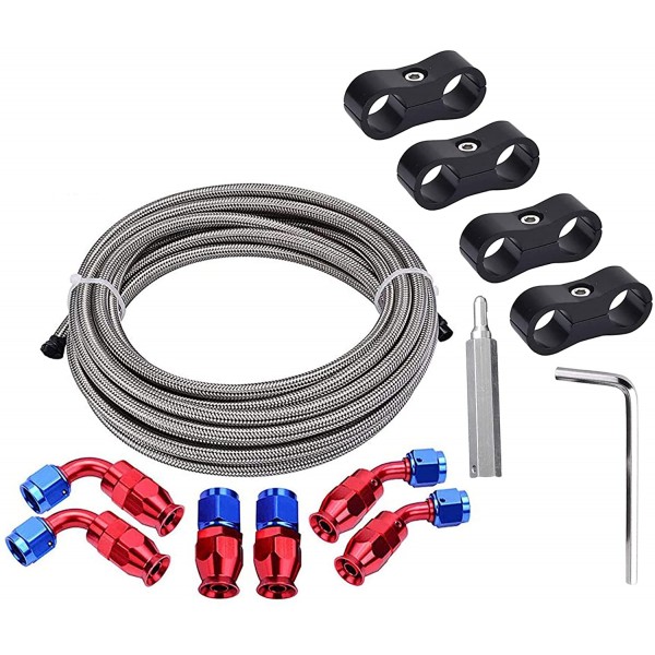 4AN 1/4" PTFE E85 Hose Braided Fuel Line Fitting Kit 10FT Stainless Steel Silver Bundle with