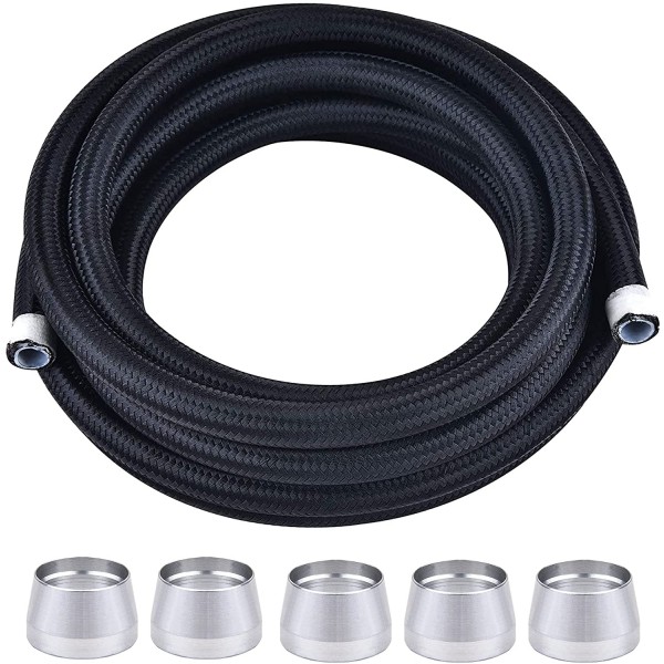 10AN PTFE E85 Hose Braided Fuel Injection Line 10FT Nylon Stainless Steel Black Bundle with PTFE Olive Ferrule Insert